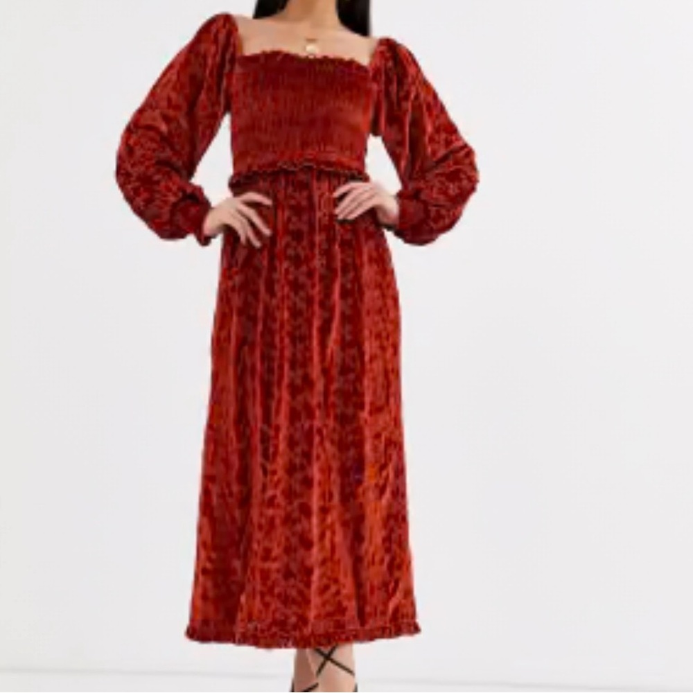 ASOS velvet broderie shirred midi dress burnt red eyelet lace long sleeve US6 - Picture 7 of 13